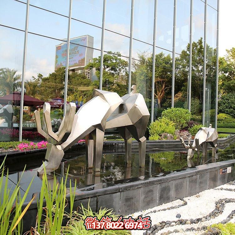 精致雕塑，幾何鏡面不銹鋼鹿，點(diǎn)綴精致水景小品