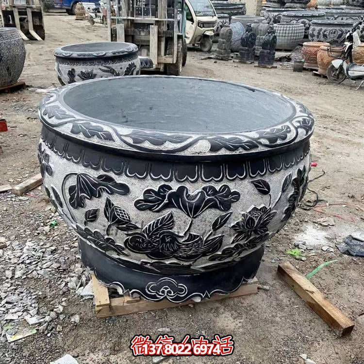 夢(mèng)幻中式庭院青石浮雕荷花養(yǎng)魚水缸